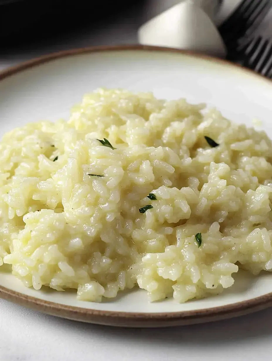Ein Teller cremiges Risotto garniert mit kleinen grünen Kräuterstückchen.