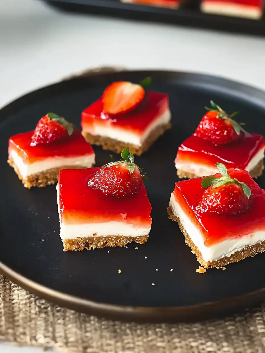 Teller mit Erdbeer-Käsekuchen-Stückchen, oben glänzendes Fruchtgelee und frische Erdbeeren.