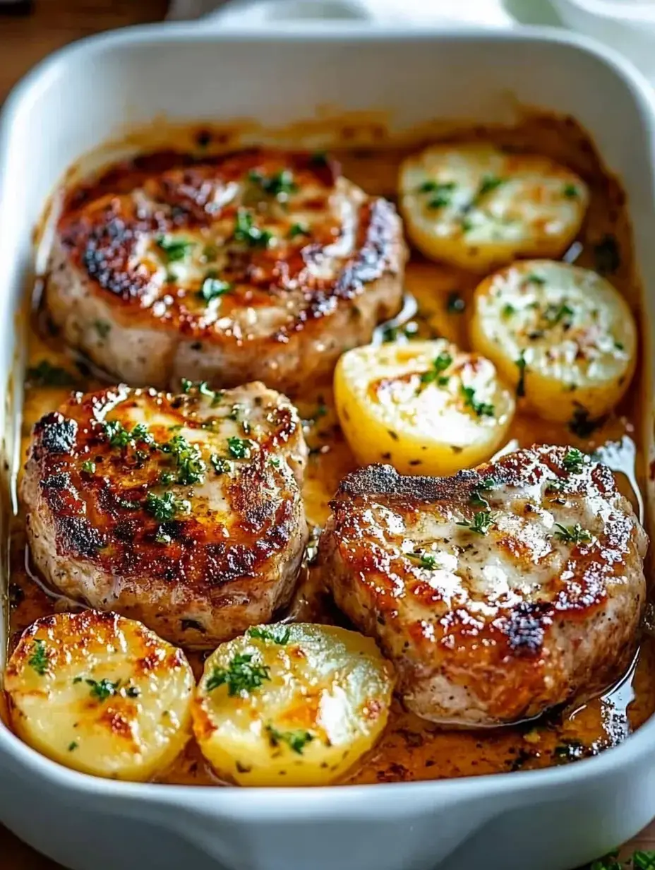 Eine weiße Form mit gebratenen Koteletts, goldenen Kartoffeln und Kräutern serviert.