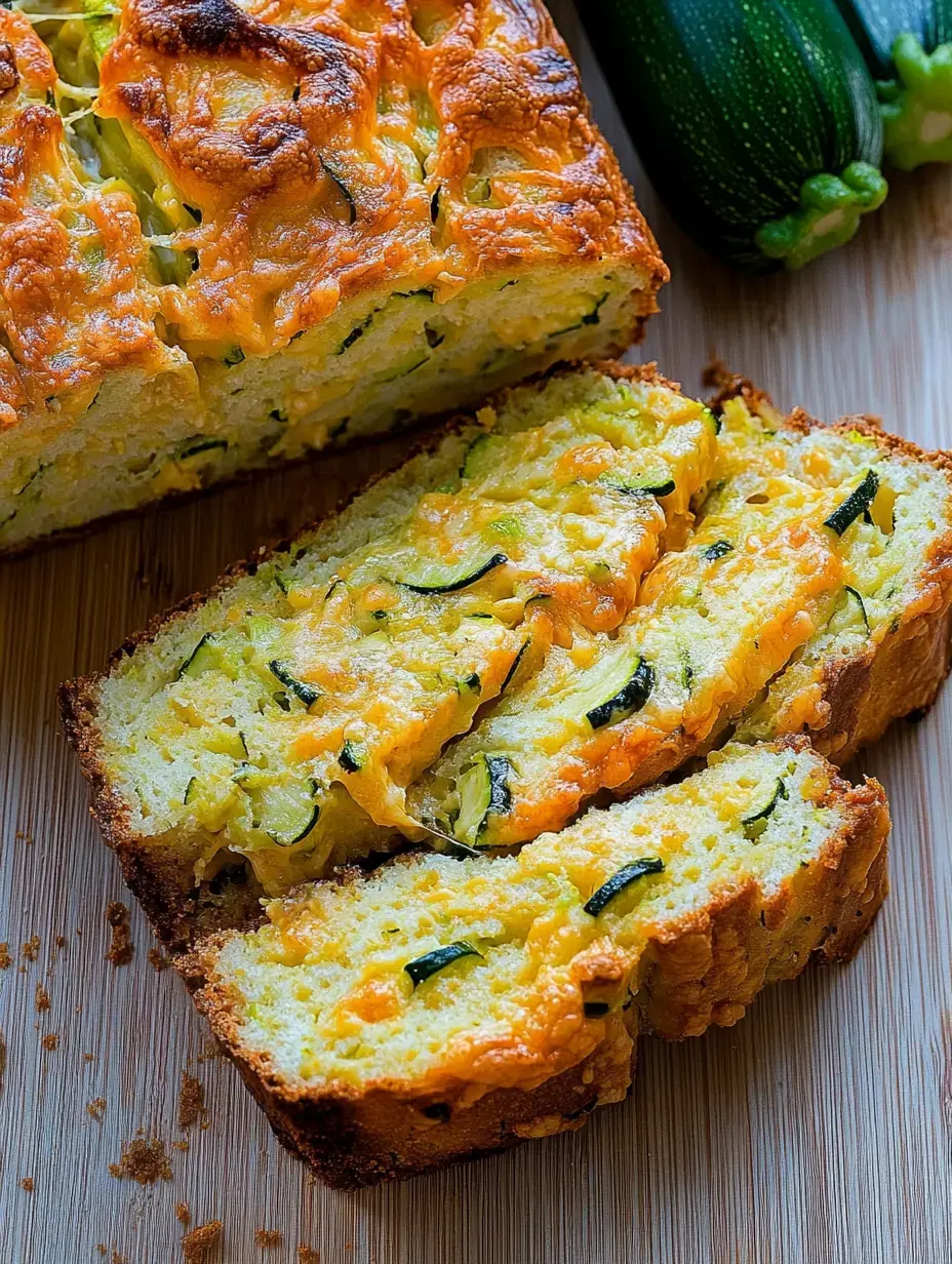 Aufgeschnittenes Zucchini-Käsebrot auf Holz, im Hintergrund liegen ganze Zucchini.