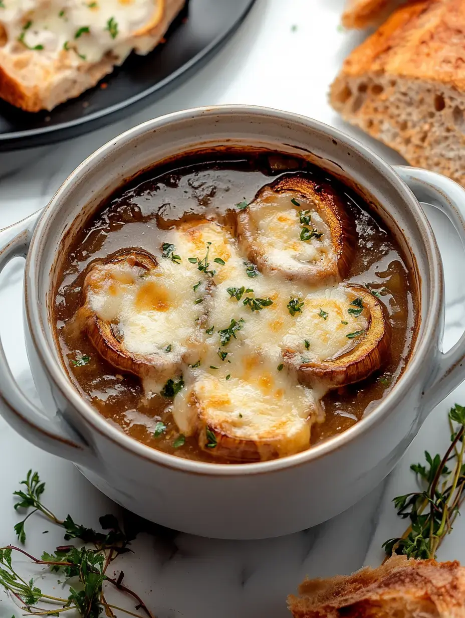 Eine Schale Zwiebelsuppe mit geschmolzenem Käse und frischen Kräutern, dazu geröstetes Brot.