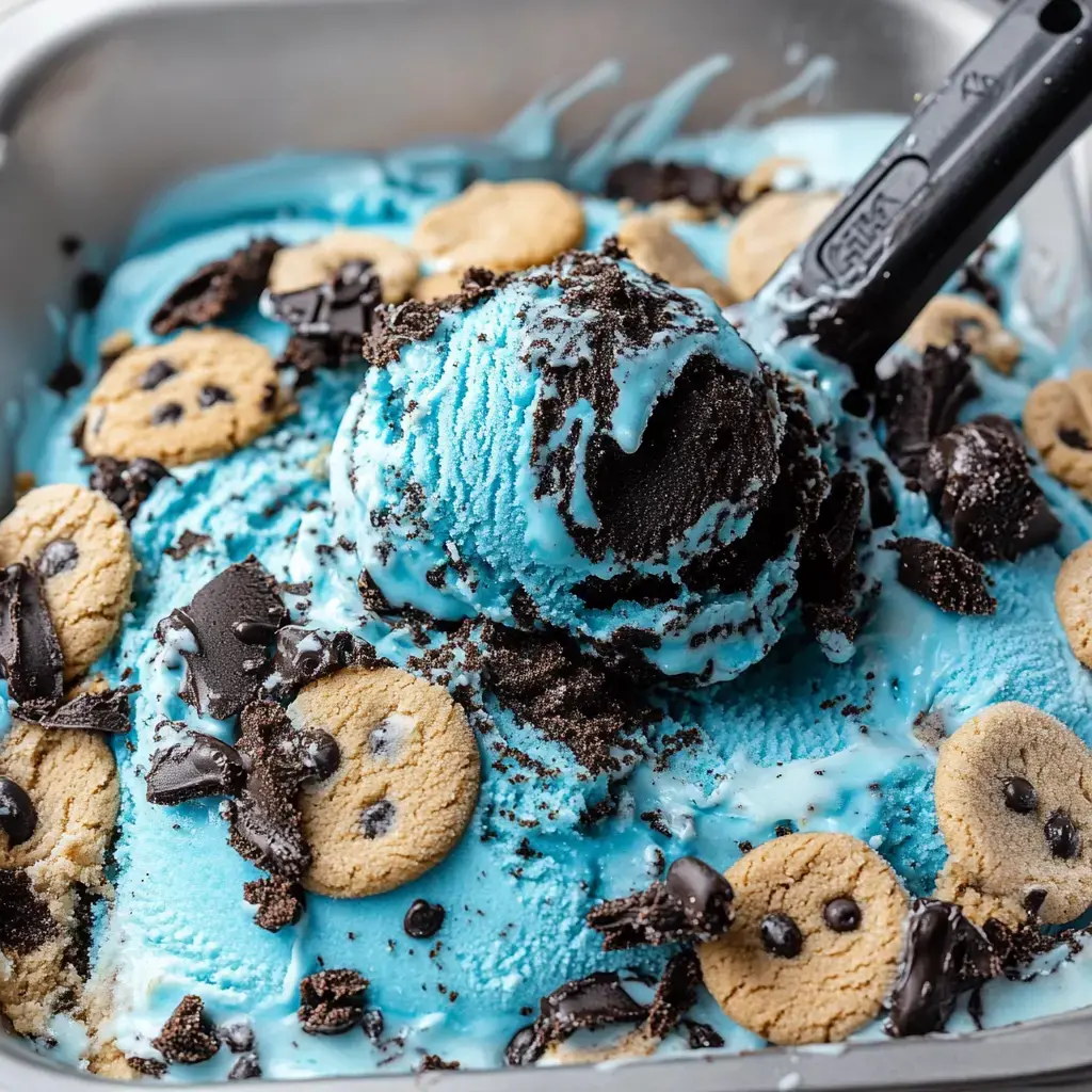 Nahaufnahme von hellblauem Eis, oben mit Schokokeksen, Keksstücken und Schokoladenstückchen garniert.