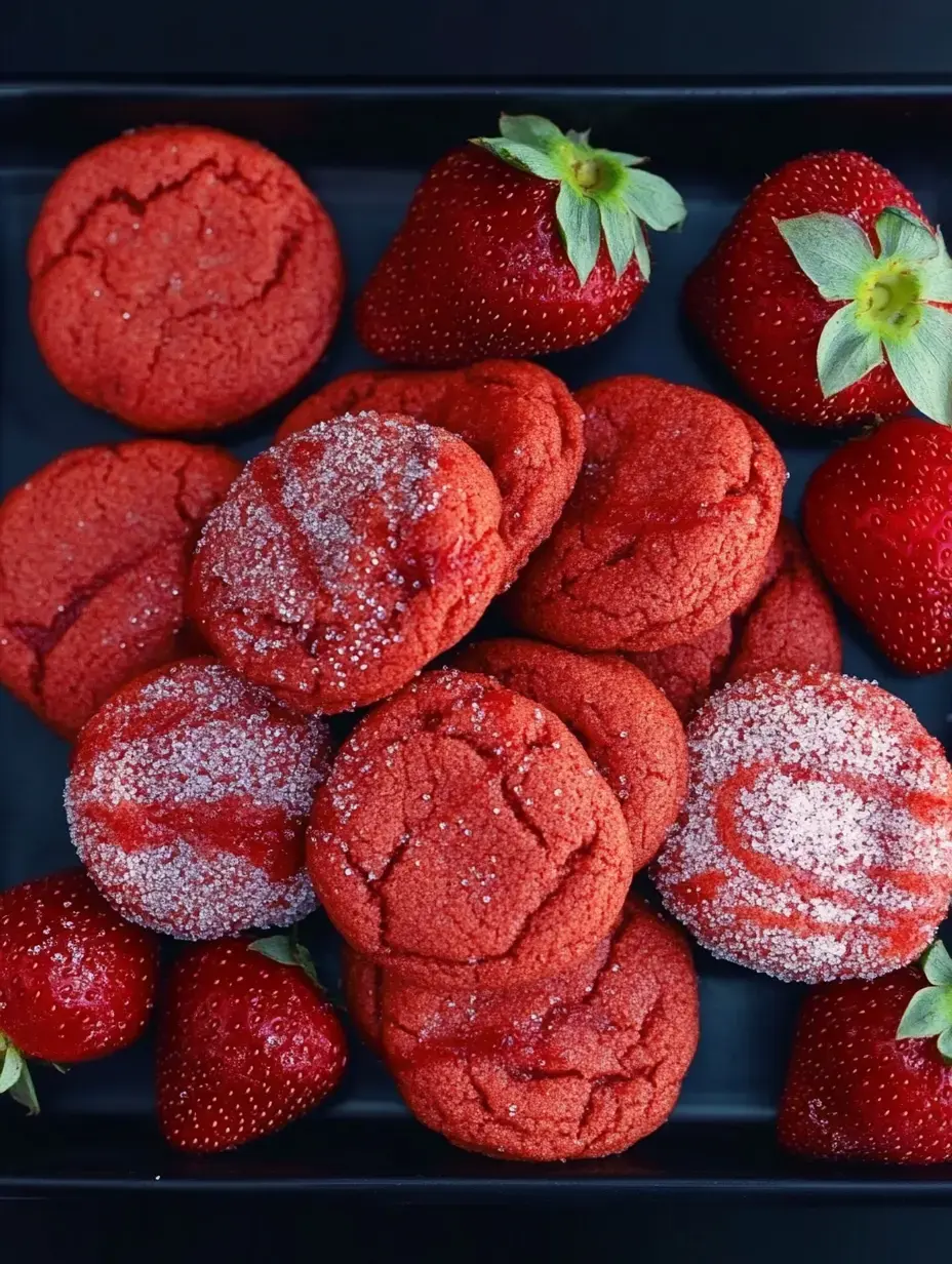 Ein Teller mit samtig-roten Keksen, mit Zucker bestreut, frische Erdbeeren drumherum.