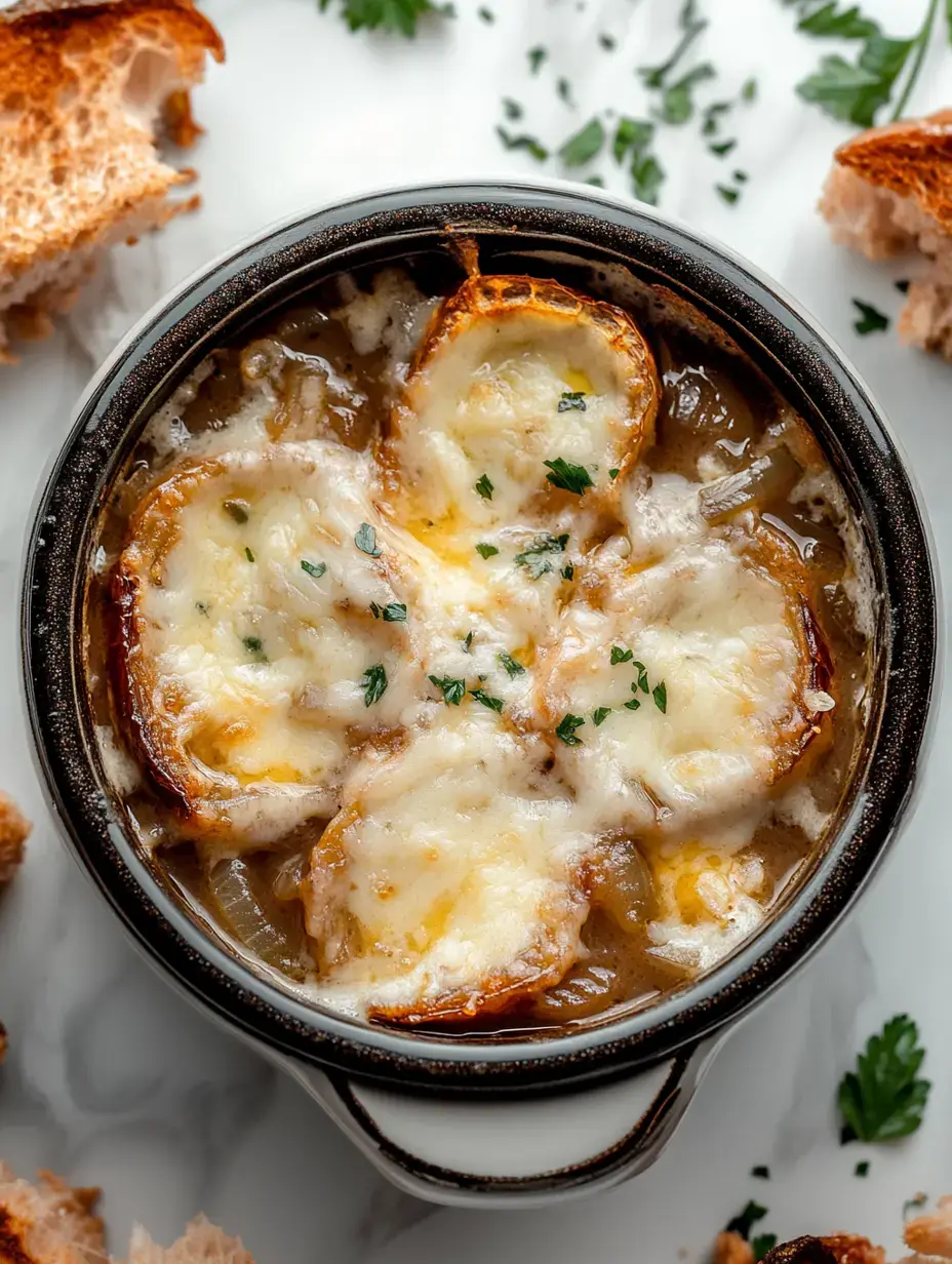 Eine Schale Zwiebelsuppe mit überbackenem Käse und geröstetem Brot, rundherum Brotscheiben und mit Petersilie garniert.