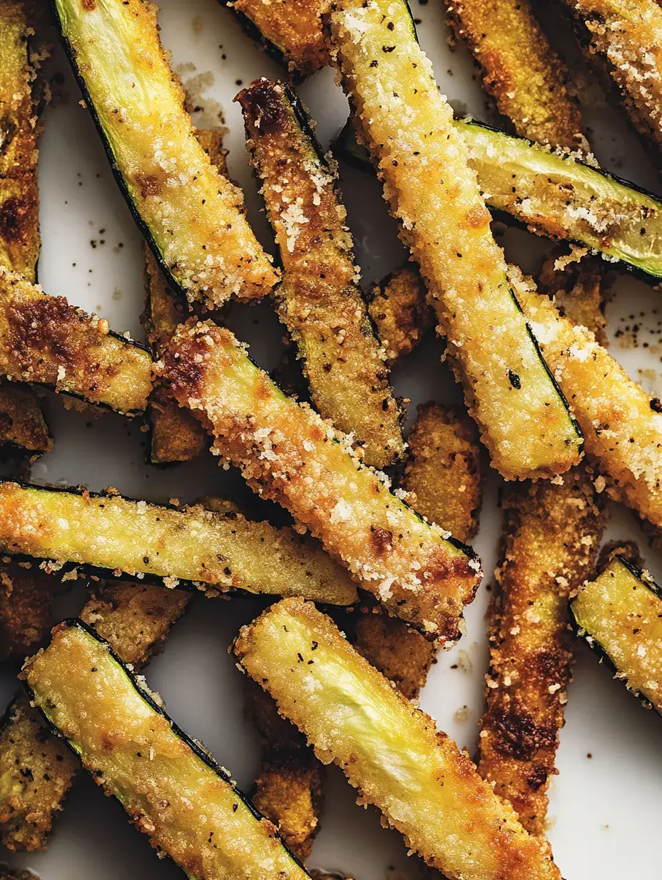 Knusprige, goldbraune Zucchinisticks mit Semmelbröseln bestreut aus der Nähe.