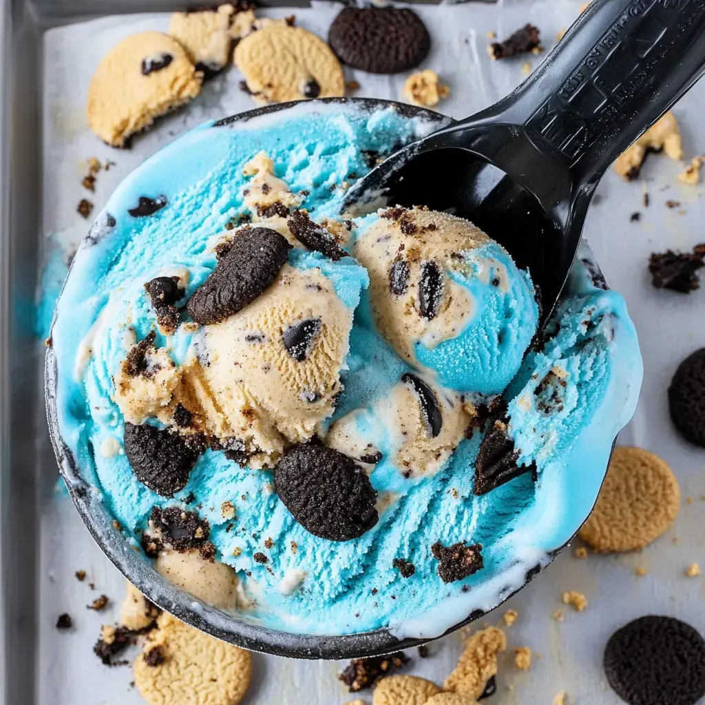 Nahaufnahme einer Schale mit blau-beigem Eis, vermischt mit zerkleinerten Oreo-Keksen und anderen Keksstücken. Ein schwarzer Eisportionierer liegt drinnen.