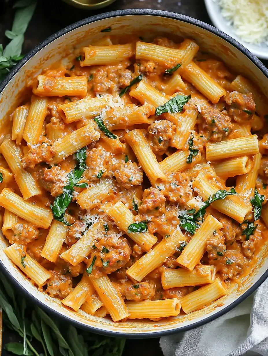 Eine cremige Pastapfanne mit Rigatoni, italienischer Bratwurst, frischen Kräutern und Parmesan bestreut.