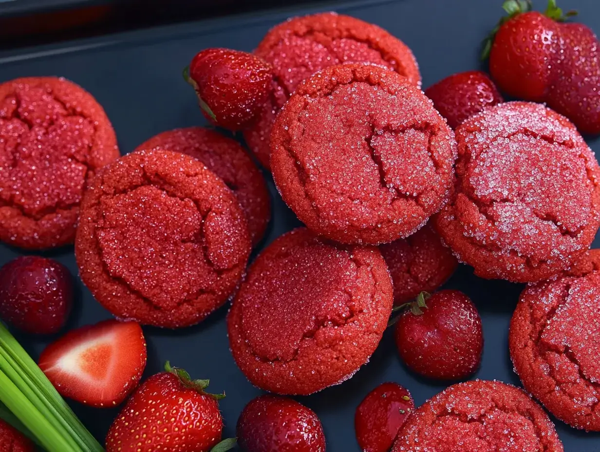Großaufnahme von leuchtend roten, glitzernden Keksen mit frischen Erdbeeren auf dunklem Hintergrund.