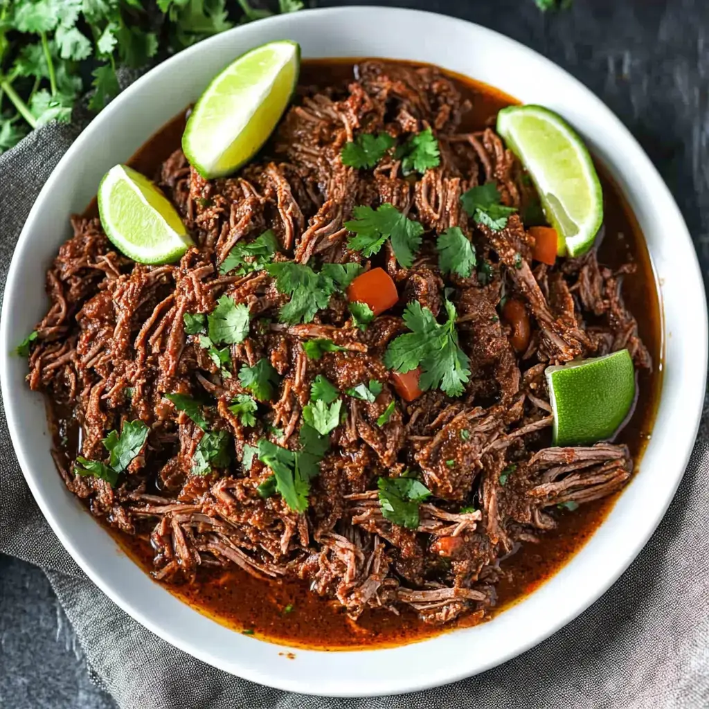 Eine weiße Schüssel mit gezupftem Rindfleisch in würziger Sauce, dekoriert mit Limette und frischem Koriander.