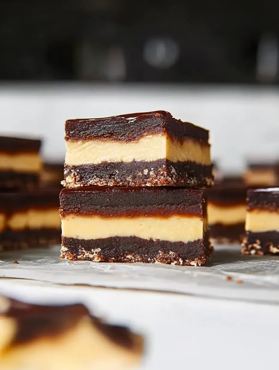 Ein Dessertwürfel mit mehreren Schichten Karamell, Schokolade und knusprigem Boden von Nahem.