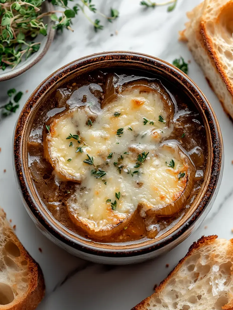Eine Schale französische Zwiebelsuppe mit geschmolzenem Käse und Thymian, dazu Brotscheiben.
