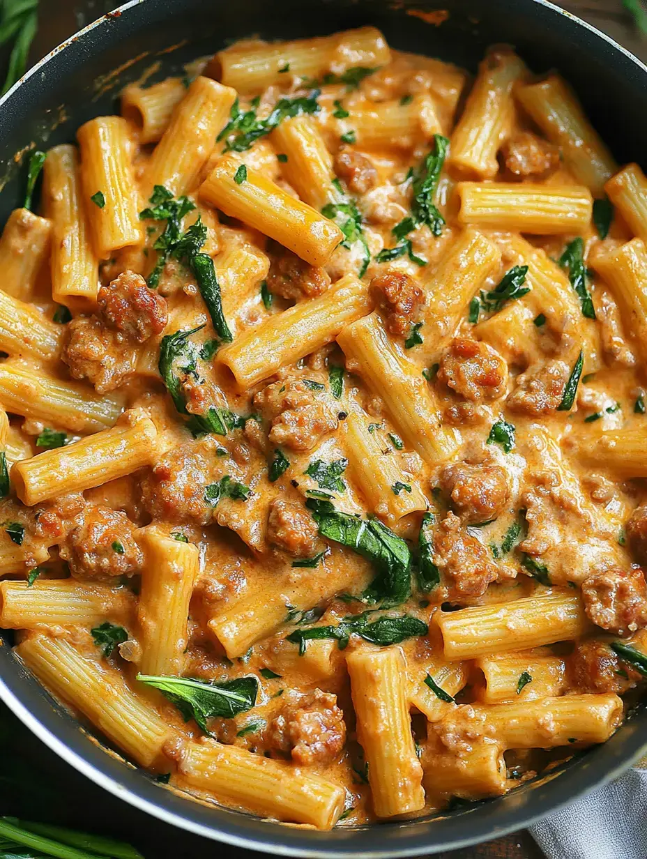 Nahaufnahme: Cremige Pasta mit Rigatoni, italienischer Wurst, grünen Kräutern in einer Pfanne.