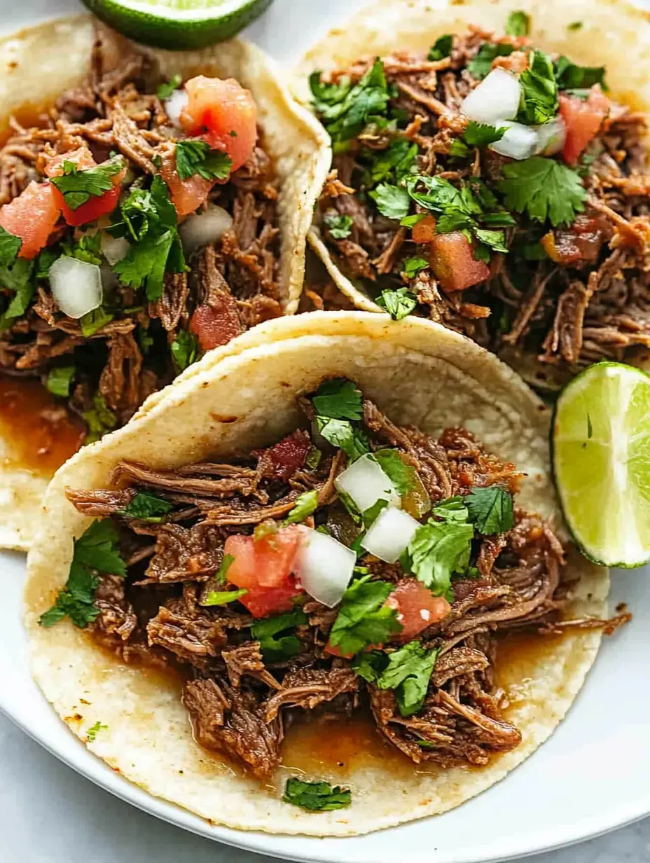 Drei Tacos voller gezupftem Rindfleisch, oben drauf frische Tomaten, Zwiebeln und Koriander, dazu Limettenstücke.