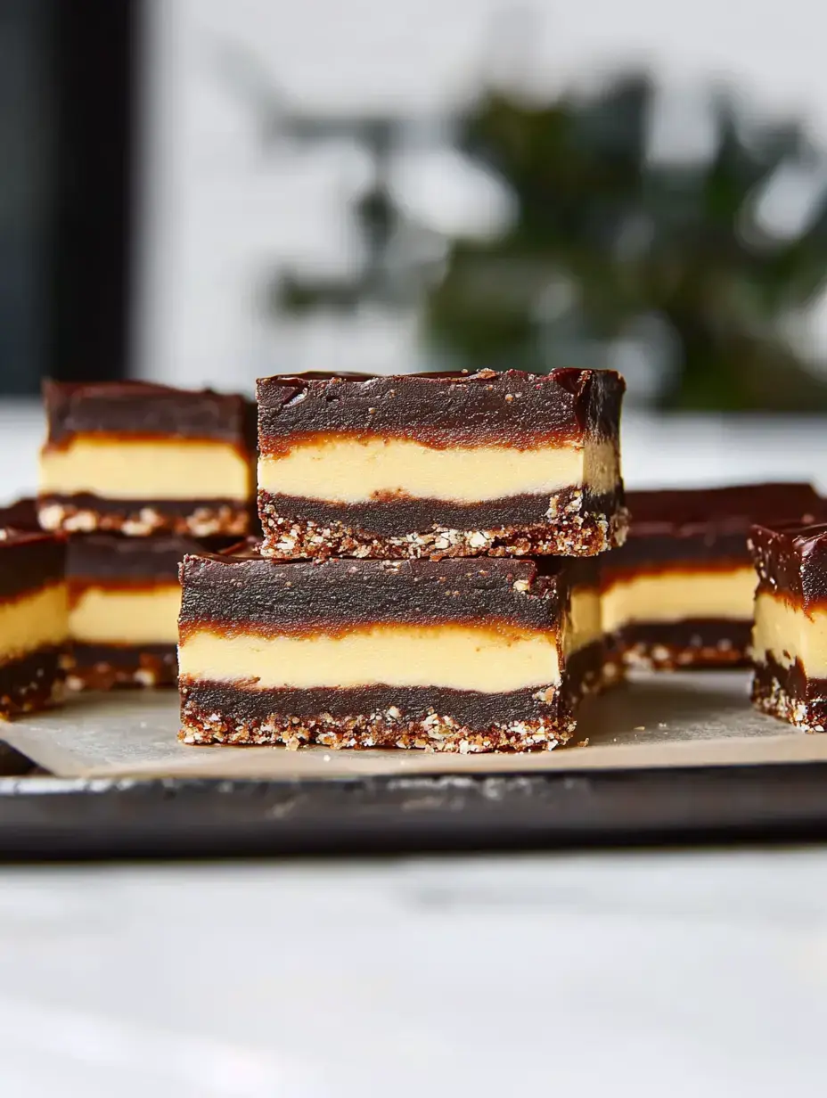 Dessertwürfel mit Schoko- und Karamellschichten auf einem Tablett nah aufgenommen.