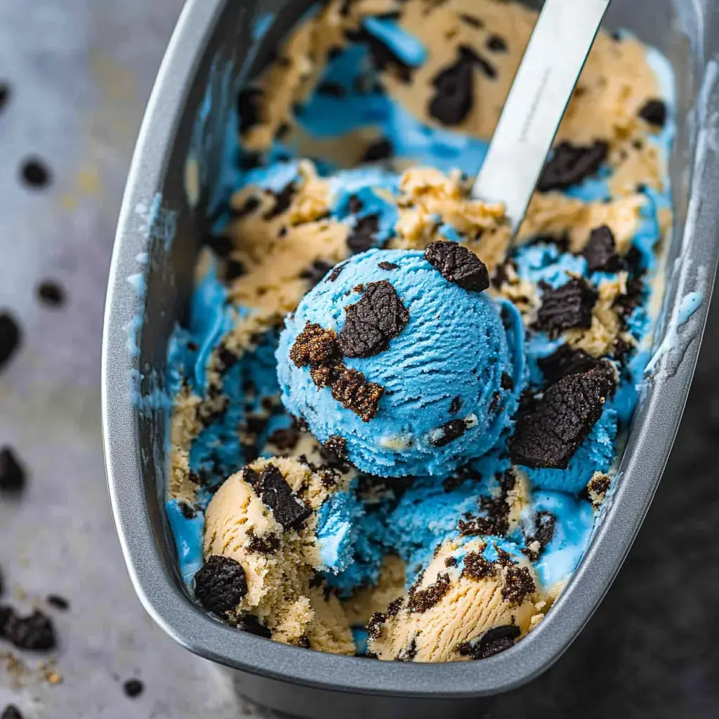 Eine Kugel blaues Eis mit Keksstückchen liegt in einer Metallform voll Swirls aus blauem und beigem Eis.