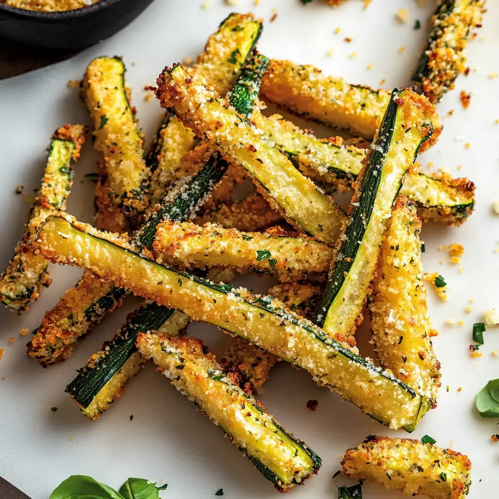 Knusprig panierte Zucchinisticks liegen auf einer weißen Fläche, mit Petersilie bestreut.