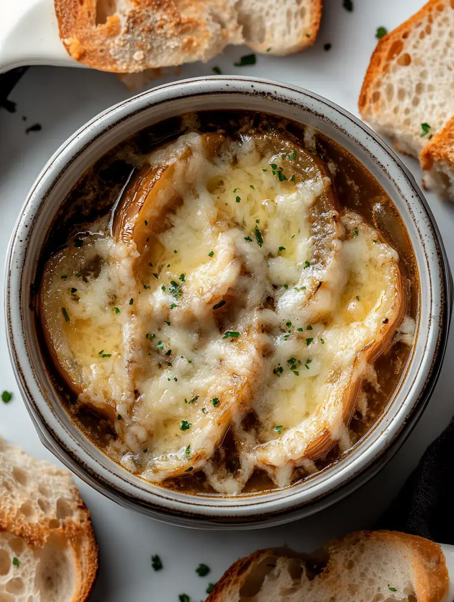 Eine Schale Zwiebelsuppe mit geschmolzenem Käse, umgeben von gerösteten Brotscheiben.