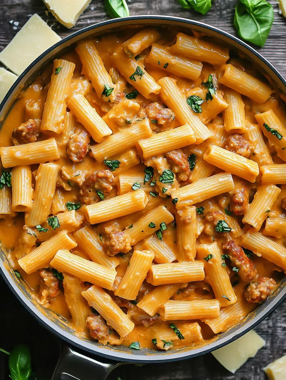 Rigatoni mit cremiger Sauce, Bratwurststückchen und frischen Kräutern in einer Pfanne, mit Käse im Hintergrund.