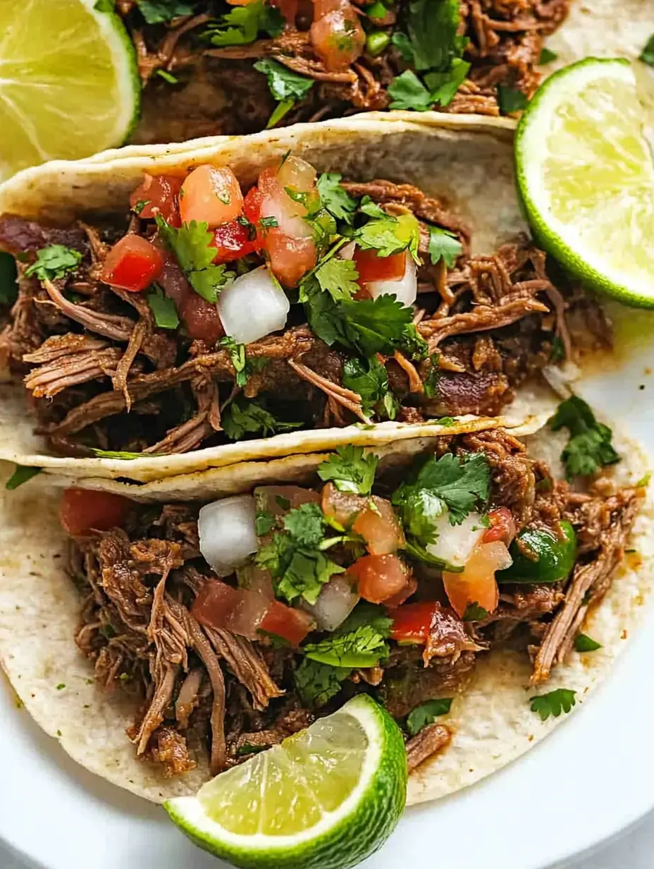 Drei Tacos mit gezupftem Fleisch, oben drauf Tomaten, Zwiebeln, Koriander und Limettenstücke.
