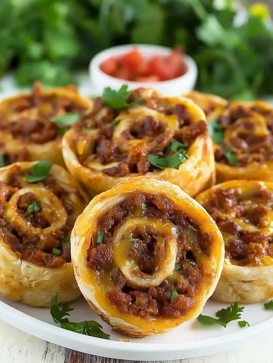 Ein Teller mit gebackenen, spiralförmigen Schnecken, gefüllt mit würzigem Fleisch und Käse, garniert mit frischen Kräutern; im Hintergrund eine Schale mit gewürfelten Tomaten.
