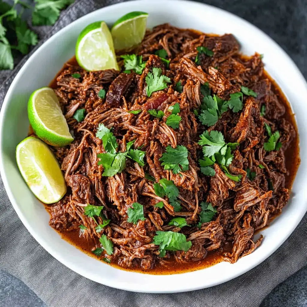 Eine Schale mit gezupftem Rindfleisch in leckerer Sauce, garniert mit Koriander und Limette.