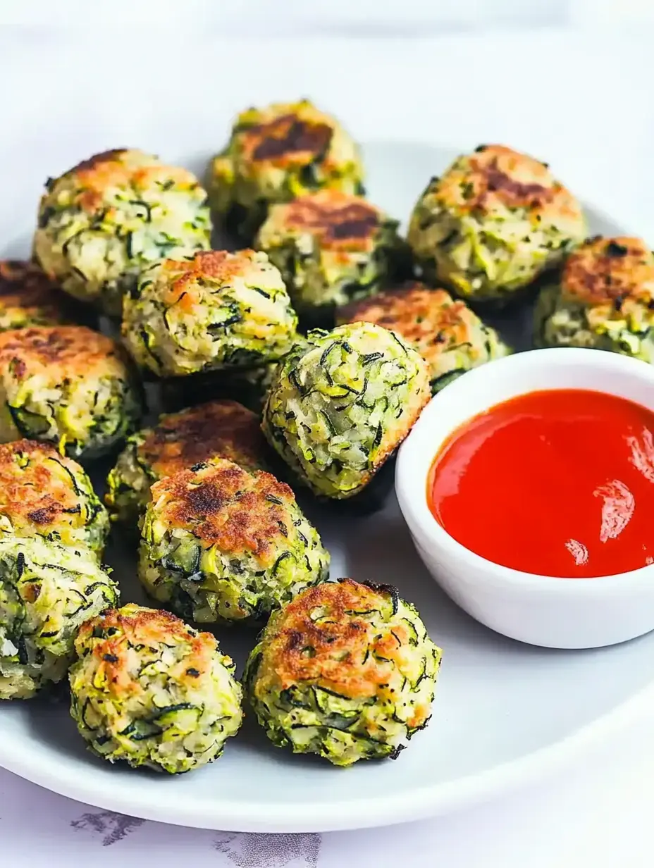 Ein Teller mit goldbraunen Zucchinipuffern, daneben eine kleine Schale mit roter Soße.