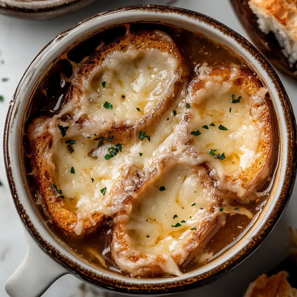 Eine Schale französische Zwiebelsuppe mit Käse und geröstetem Brot, bestreut mit Petersilie.