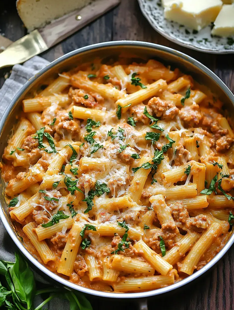 Pfanne voller cremiger Rigatoni, mit Hackfleisch, frischen Kräutern, dazu frisches Brot und Butter.