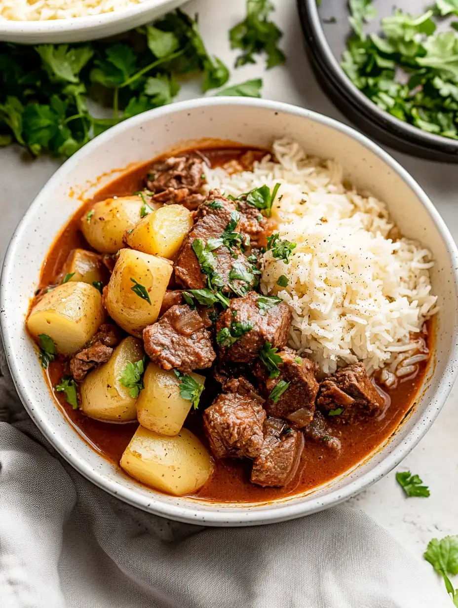 Eine Schüssel mit Rindfleisch-Eintopf und Kartoffeln, obenauf Koriander, dazu lockerer Reis serviert.