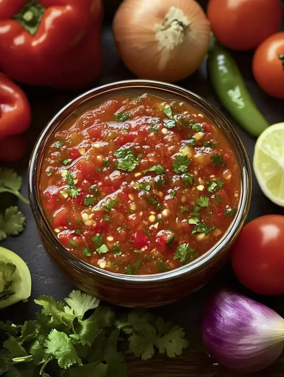 Ein Glas frische Salsa ist umgeben von verschiedenen Gemüsesorten wie Tomaten, einer Zwiebel, Paprika und Koriander auf dunklem Untergrund.