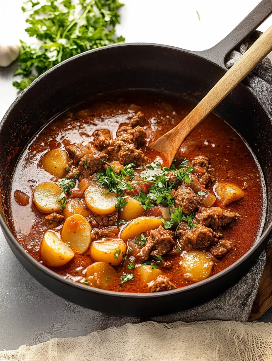 Ein sämiger Eintopf mit zartem Rindfleisch, Kartoffeln und frischem Koriander köchelt im dunklen Topf, im Hintergrund liegen Knoblauchzehen und Koriandergrün.