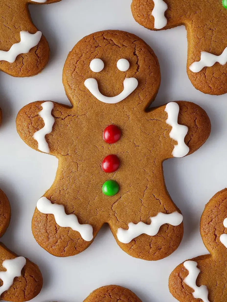 Nahaufnahme von Lebkuchenmännchen mit bunten Smarties und freundlich verzierten Gesichtern.
