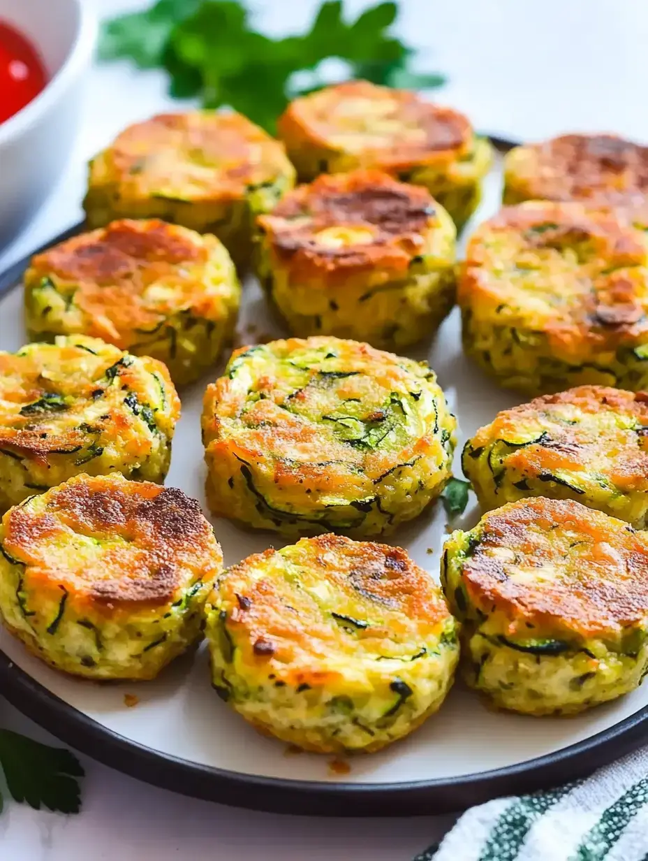 Ein Teller mit goldenen Zucchinipuffern, daneben eine kleine Schale mit Soße.