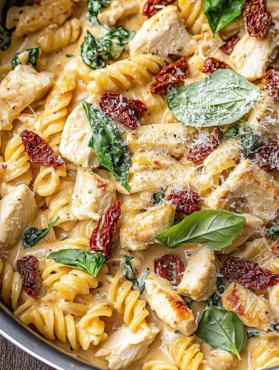 Eine cremige Pasta mit Spiralnudeln, gebratenem Hähnchen, Spinat und getrockneten Tomaten, getoppt mit frischem Basilikum und geriebenem Käse.