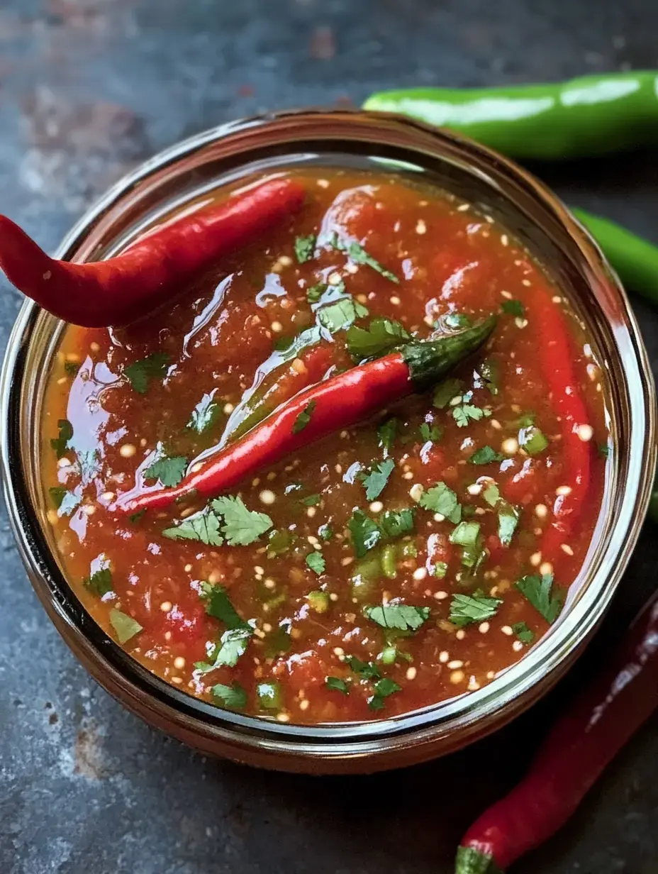 Ein Glas mit würziger roter Salsa, getoppt mit frischem Koriander und ganzen roten Chilis auf dunklem Untergrund.