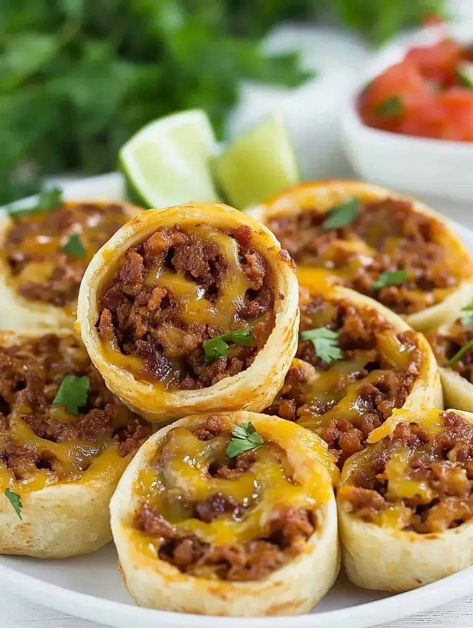 Teller mit knusprigen Taco-Röllchen mit würzigem Fleisch und geschmolzenem Käse, garniert mit Koriander; Limettenspalten und Salsa stehen daneben.
