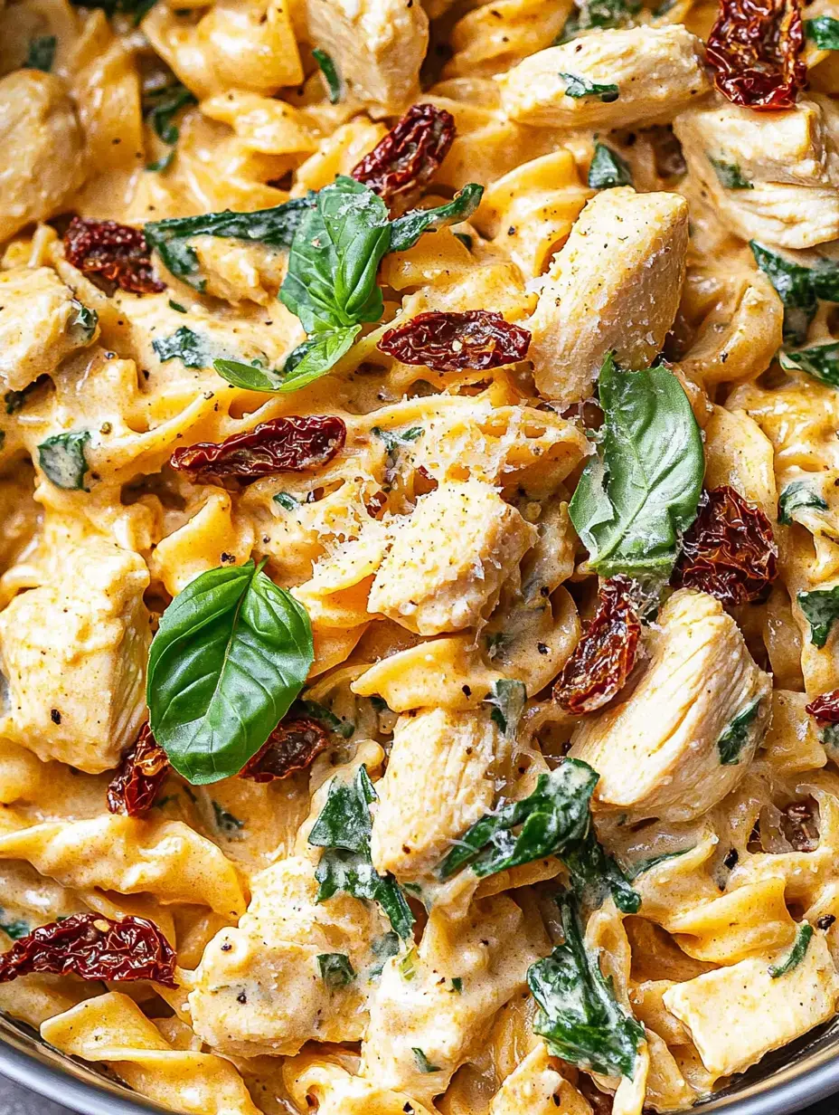 Ein Close-up von cremiger Pasta mit Hähnchen, getrockneten Tomaten und frischem Basilikum – alles zusammen in einer Schüssel vermischt.