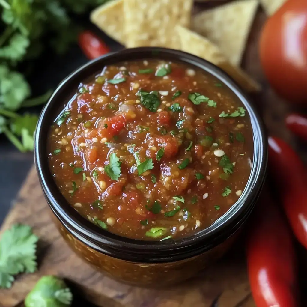 Ein Glas Salsa mit frischem Koriander, außenrum Tortillachips, Tomaten und Chilis.