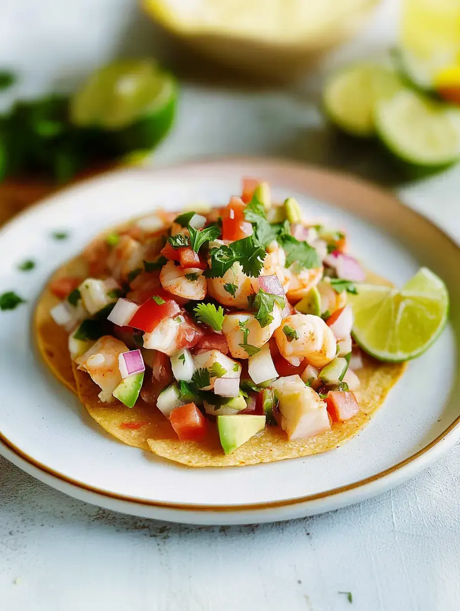 Bunter Teller mit knusprigem Taco, darauf Garnelen-Ceviche, Tomatenwürfel, Zwiebel, Avocado und frischer Koriander, dazu Limettenspalten.