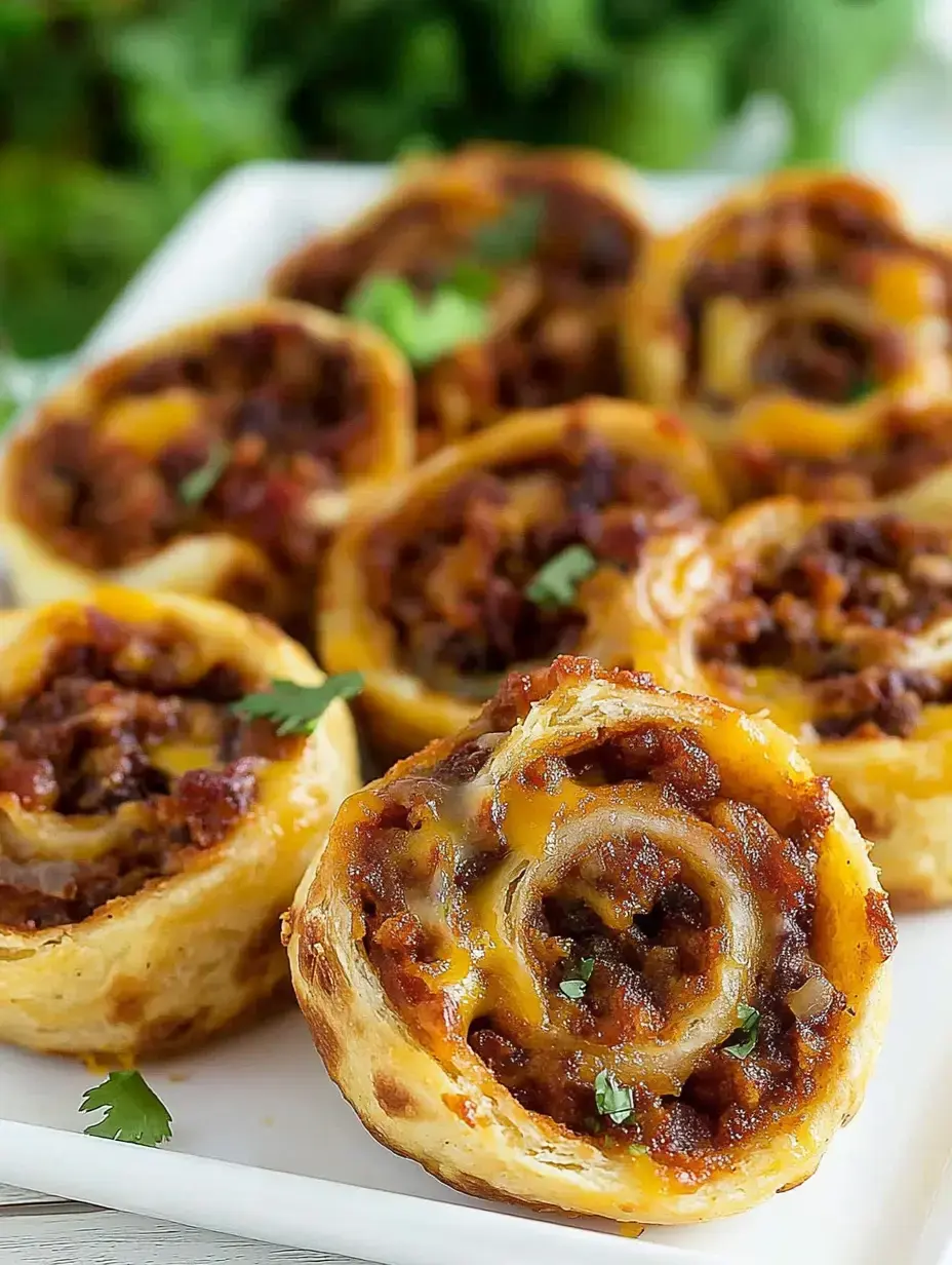 Teller mit gebackenen Spiralschnecken, gefüllt mit Hack und Käse, hier und da mit Koriander bestreut.