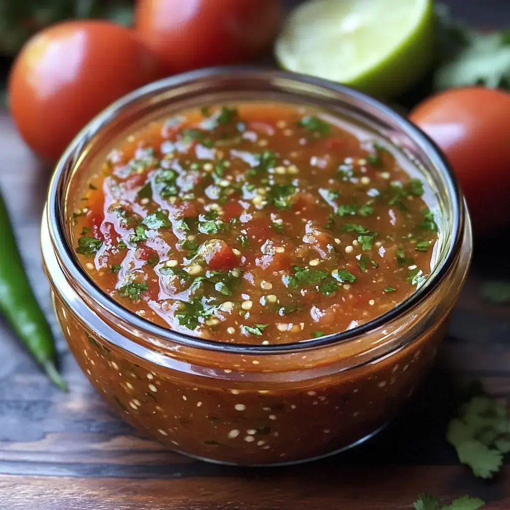 Ein Glas mit leuchtender Salsa, bestreut mit frischem Koriander, steht auf einem Holztisch zwischen Tomaten und Limetten.