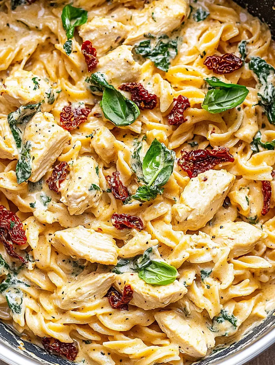 Nahaufnahme von cremiger Fusilli, Hähnchen, Spinat, getrockneten Tomaten und frischem Basilikum – alles gemischt.