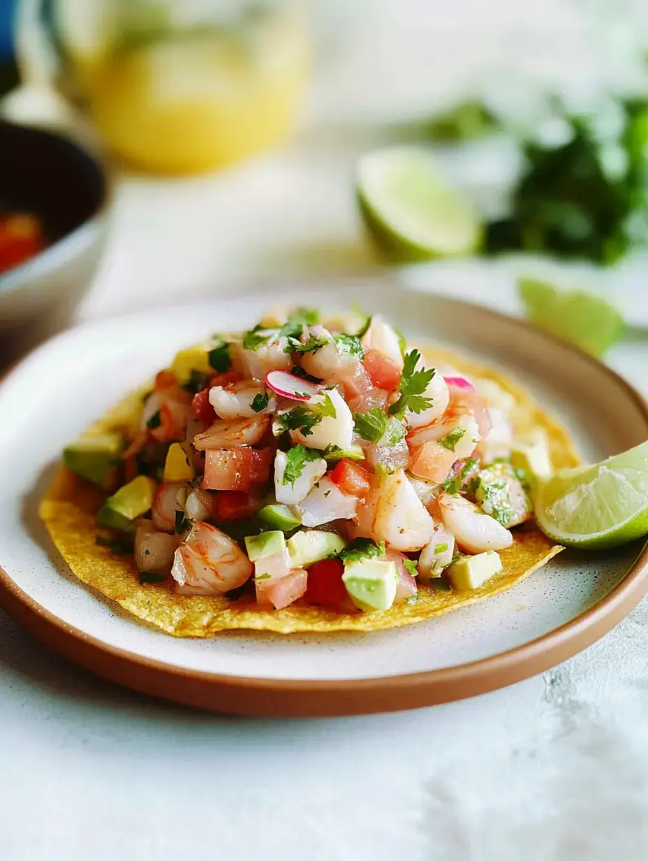 Knalliges Meeresfrüchte-Ceviche mit buntem Gemüse und Koriander, auf knuspriger Tortilla, Limettenspalte an der Seite.
