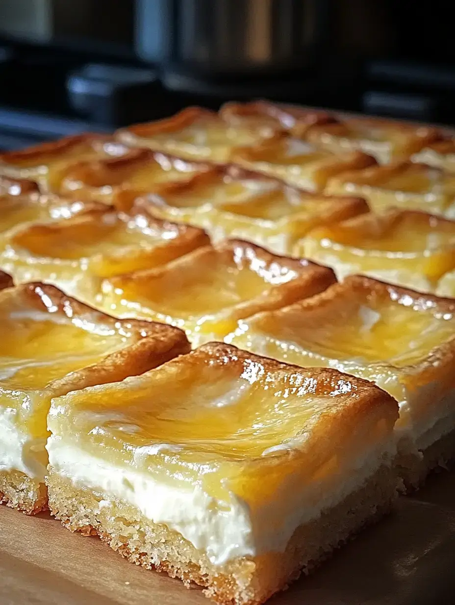 Nahaufnahme von saftigen Zitronenkäse-Ecken mit heller Creme und glänzendem Zitronen-Topping.