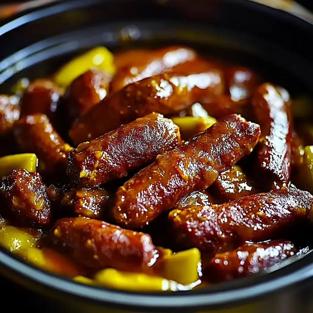 Nahaufnahme von gegarten Würstchen in würziger, dicker Sauce, mit kleinen Stücken gelber Paprika.