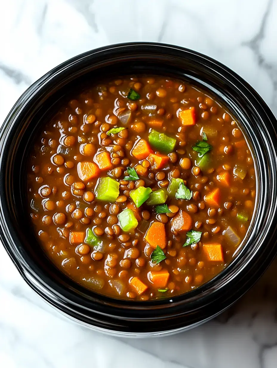 Nahaufnahme von Linseneintopf mit Karotten, grüner Paprika und frischen Kräutern obendrauf.