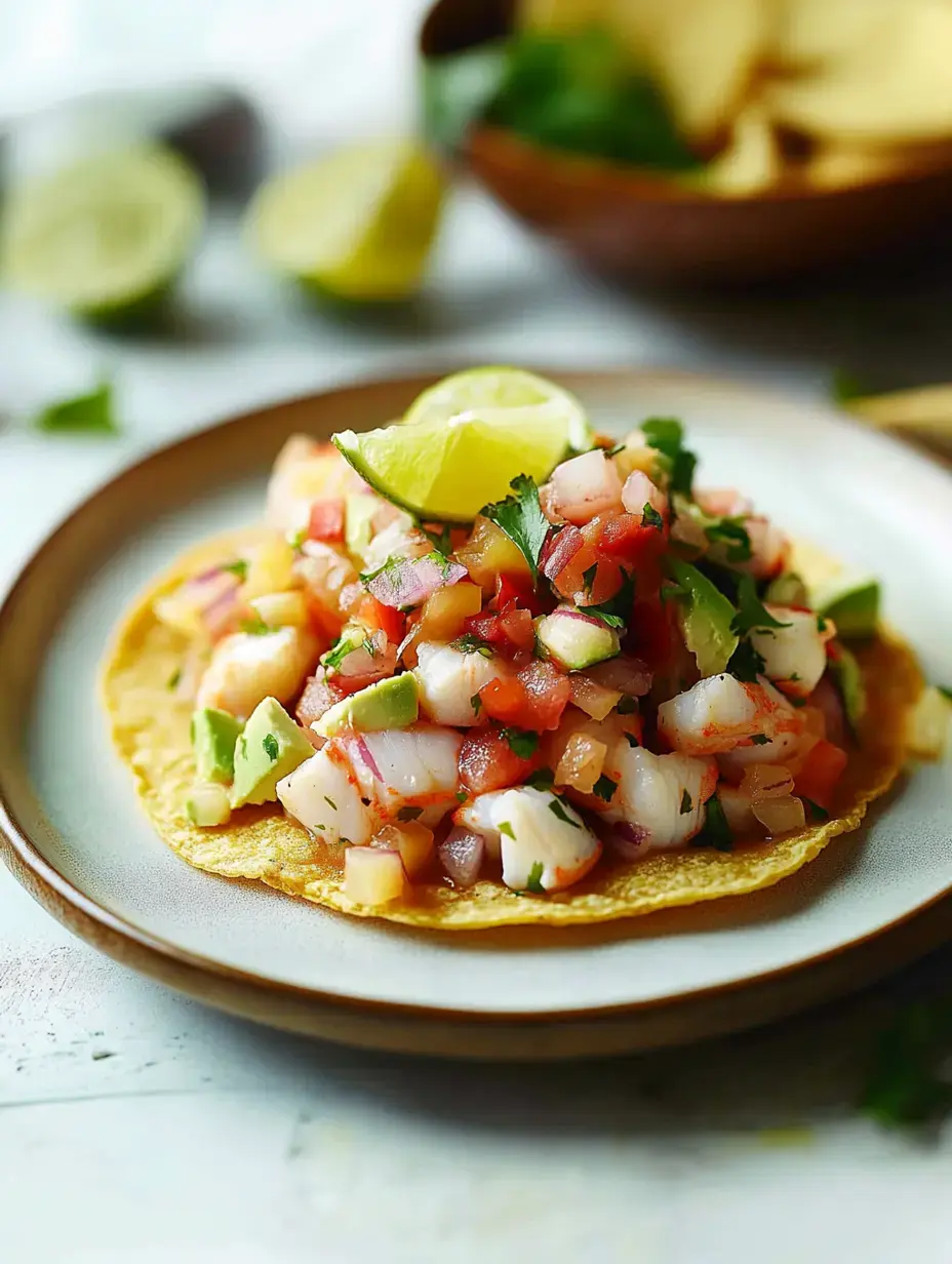 Frisches Garnelen-Ceviche mit Tomaten, Avocado und Koriander auf einer knusprigen Tortilla, garniert mit einer Limettenspalte.