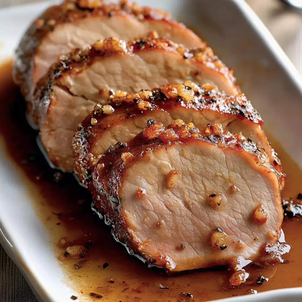 Auf einer weißen Platte liegt aufgeschnittenes, glasiertes Schweinefilet. Mit herzhaftem Guss und etwas Knoblauch dekoriert.