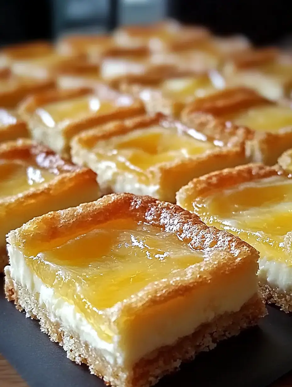Leckere Zitronen-Ecken mit goldener Kruste und glänzender Füllung, hübsch angerichtet auf dunklem Teller.