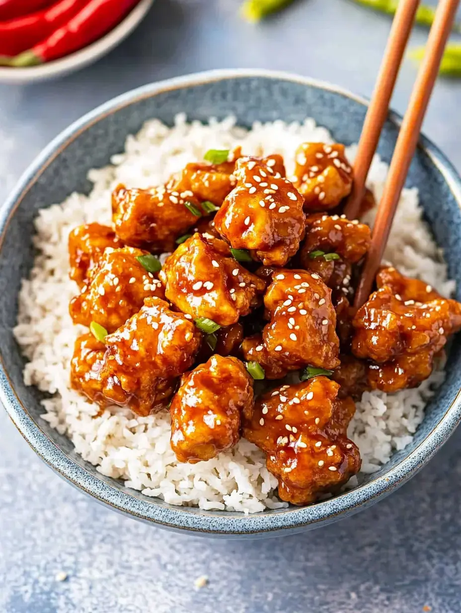 Schale mit Reis, glasiertem Hähnchen, Sesam und Frühlingszwiebeln, Essstäbchen am Rand.